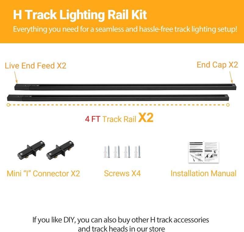 VANoopee H Track Lghting Rails 8FT H Type Track Light Rails Black H Track Rail Kit, End Caps & Live End Feed Connector Included, Compatible with Single Circuit 120V H Style Track System & Track Heads - Image 2
